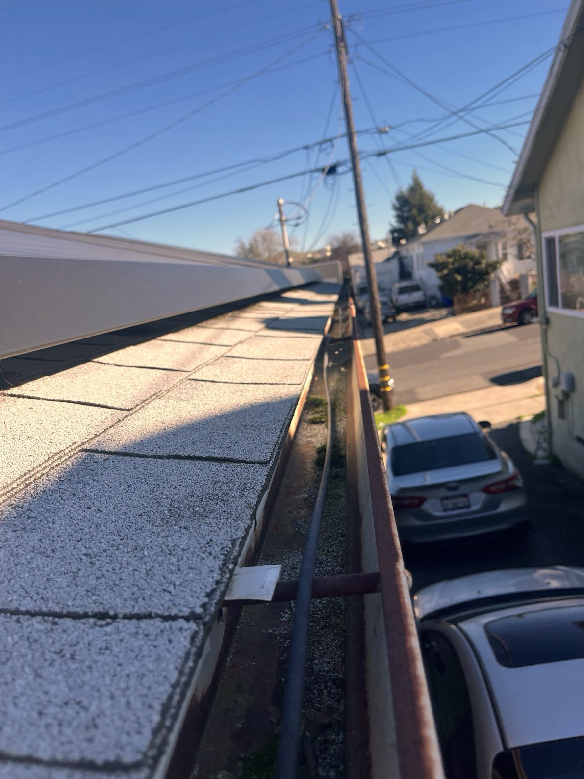 Moss and organic debris accumulated on metal gutter guards with visible oxidation and roof edge damage — Marin County inspection