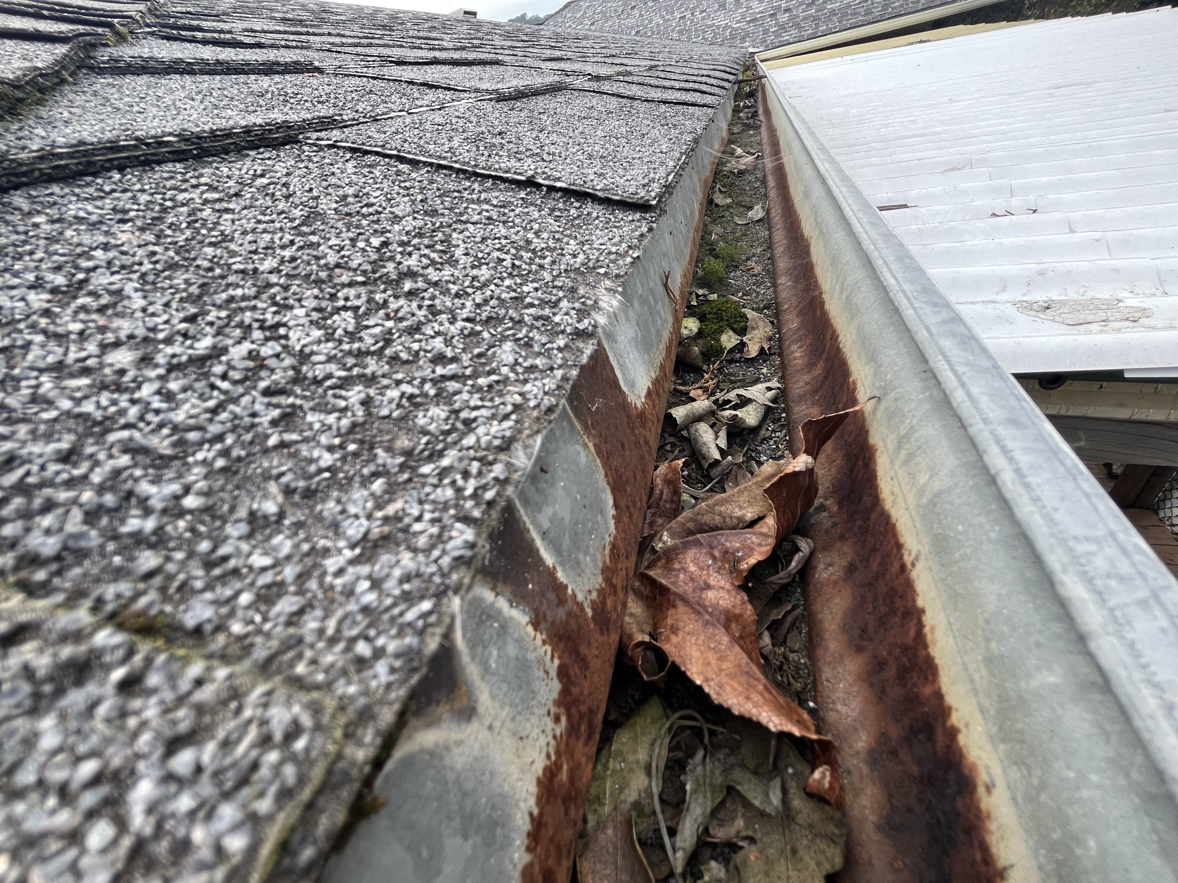 Interior back wall of a gutter showing a full rust cascade — the kind of damage that lives above your eye line and only reveals itself at ladder height. Northern California field inspection.