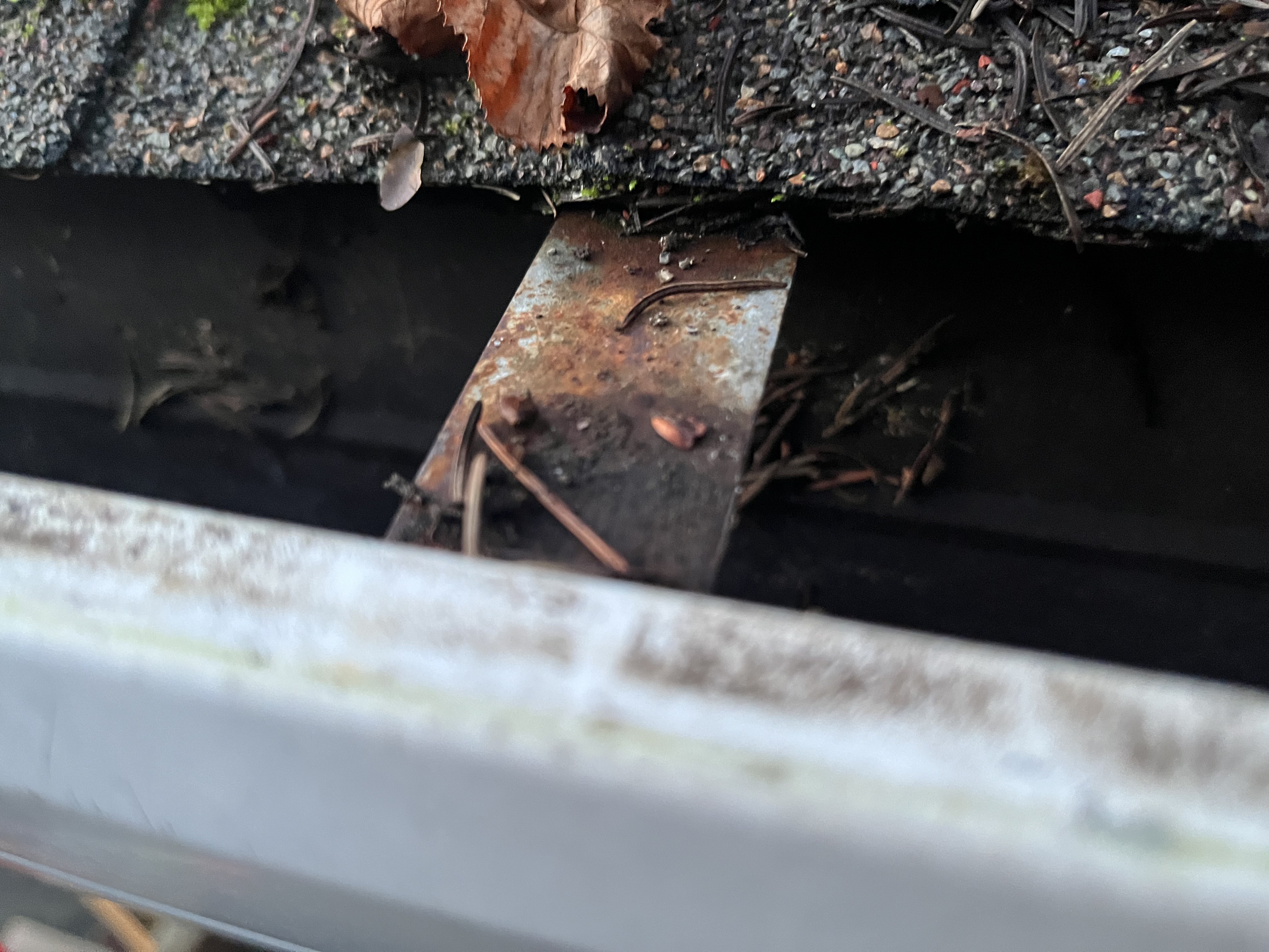 A spike-style gutter hanger covered in heavy orange rust, viewed from inside the gutter channel — zinc coating fully consumed and base metal actively corroding, the failed hardware that prep work replaces