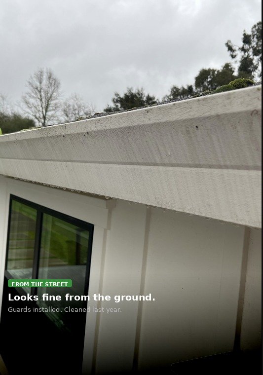 Normal gutter mounted on roofline — no visible issues from street level